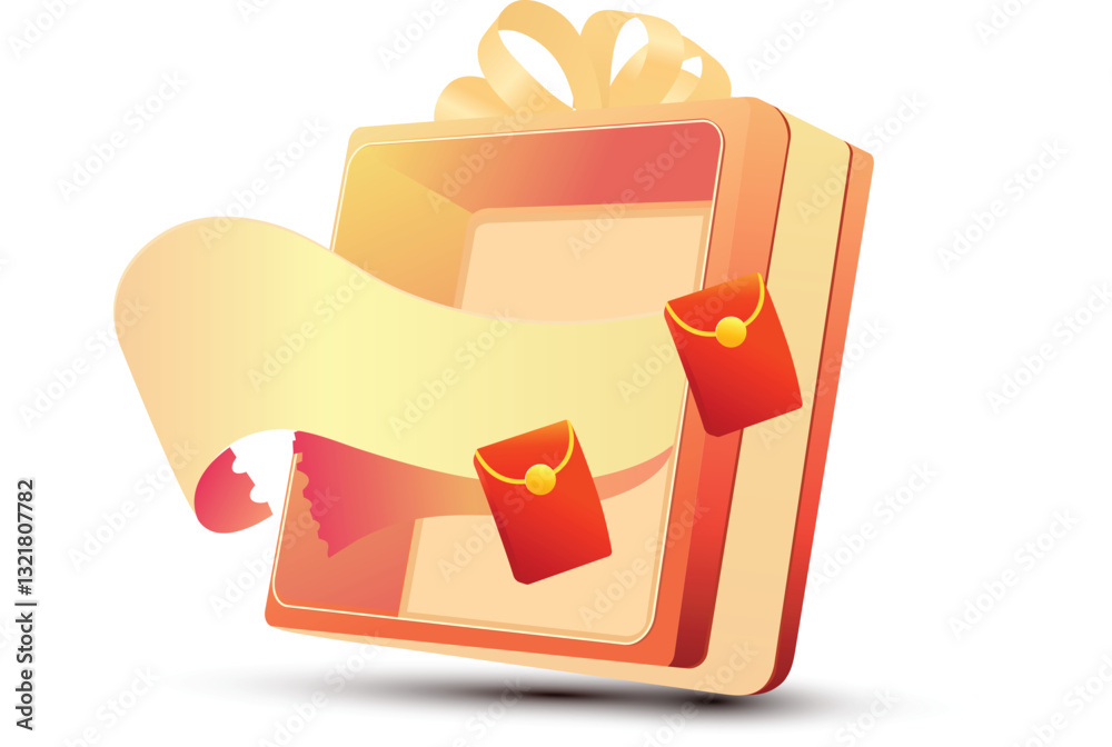 vector open giftbox . Realistic gift box, with the red satin bow, isolated on background. Cube shape present box, tied with yellow wrapping ribbon, standing on a surface in a front view.