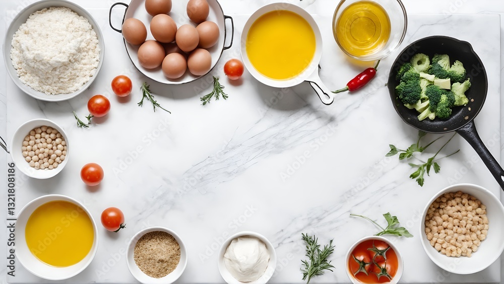 Ingredients for making sauce, table background. Top view copy space