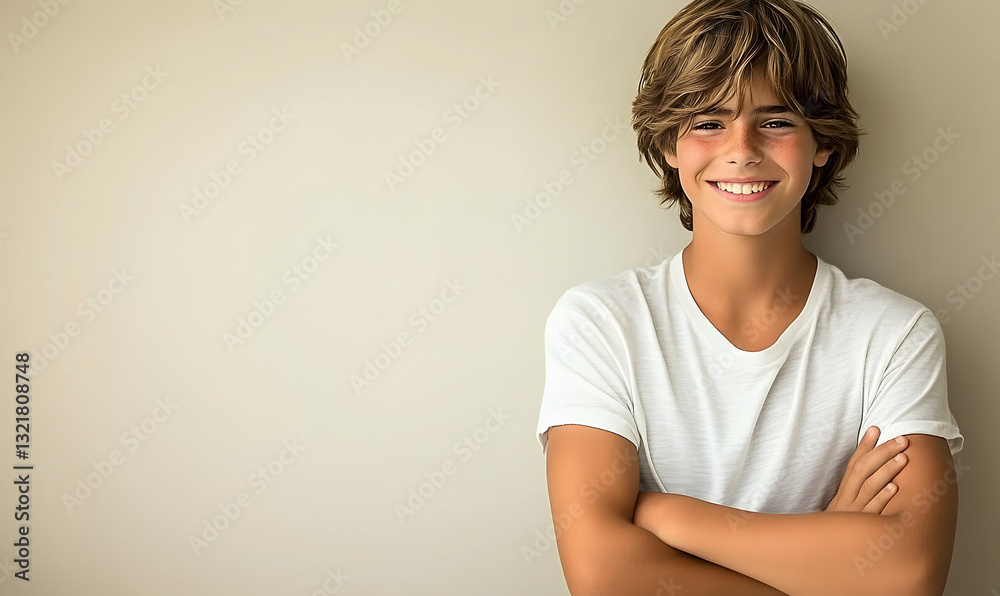 Obraz premium Happy preteen boy with arms crossed, smiling broadly against a neutral background. Perfect for advertising, websites, or print.