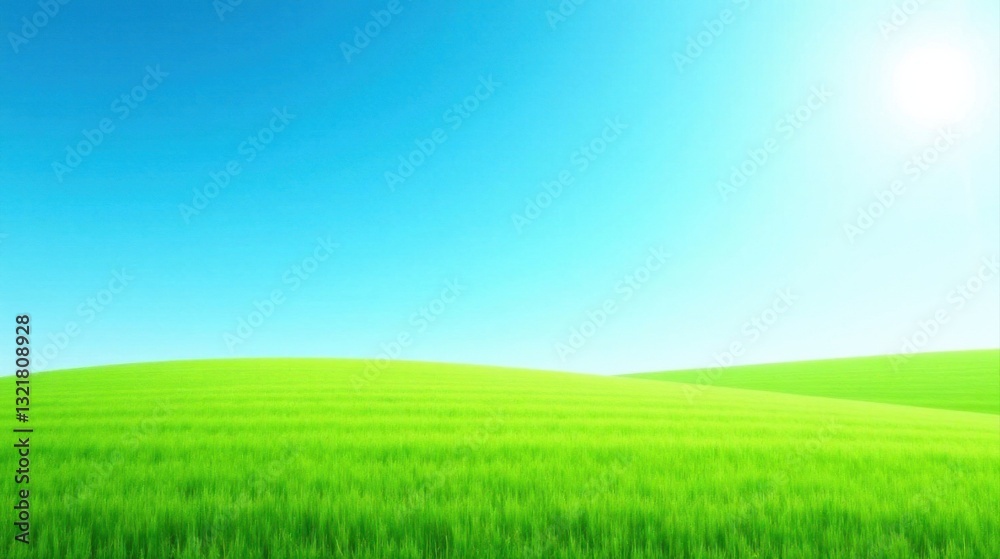 Serene Meadow Landscape Vibrant Green Grass Under a Clear Blue Sky with Gentle Rolling Hills and Bright Sunlight Serene Meadow Landscape Vibrant Green Grass Under a Clear Blue Sky with Gentle Rolling Hills and Bright Sunlight