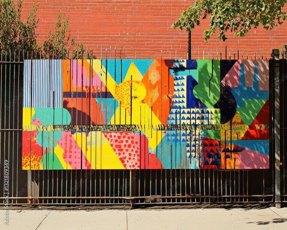 Fototapeta premium Colorful abstract mural on fence, urban backdrop, art installation, design