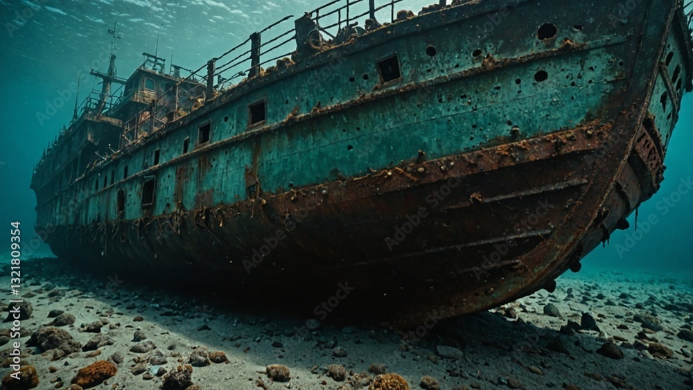 Underwater Shipwreck Exploration - Rusty Hull of Sunken Vessel on Ocean Floor - Marine Archaeology and Diving Adventure Underwater Shipwreck Exploration - Rusty Hull of Sunken Vessel on Ocean Floor - Marine Archaeology and Diving Adventure