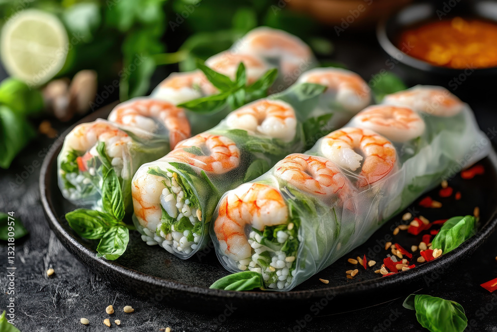 Shrimp and rice spring rolls on a wooden cutting board garnished with fresh herbs and served with sweet chili dipping sauce. Shrimp and rice spring rolls on a wooden cutting board garnished with fresh herbs and served with sweet chili dipping sauce.