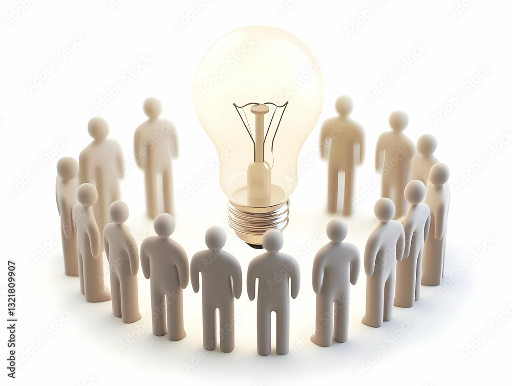 A group of people gathered around a light bulb symbolizing innovation and ideas in a collaborative environment. A group of people gathered around a light bulb symbolizing innovation and ideas in a collaborative environment.