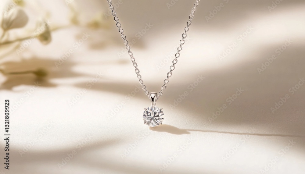 Fototapeta premium Elegant silver necklace with sparkling diamond pendant on soft background