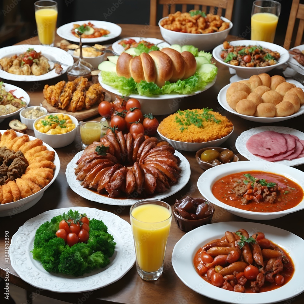 Table full of colorful food. Plates with delicious meal