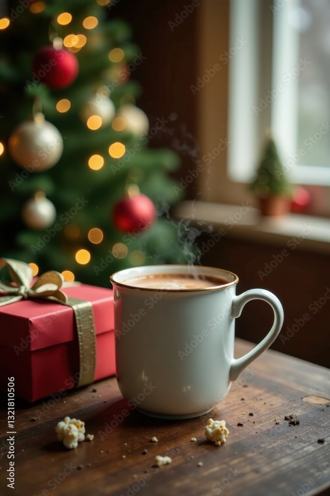 Warm beverage in a mug near a wrapped gift and a decorated tree Warm beverage in a mug near a wrapped gift and a decorated tree
