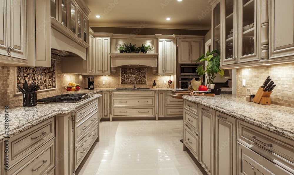 Fototapeta premium Elegant kitchen boasts granite countertops and custom cabinetry.