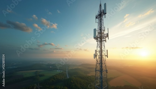 Telecom tower with radio transmitters against sunset. Modern mobile technology. Wireless communication equipment, cellular network station, metal construction, industrial signal transmitter for