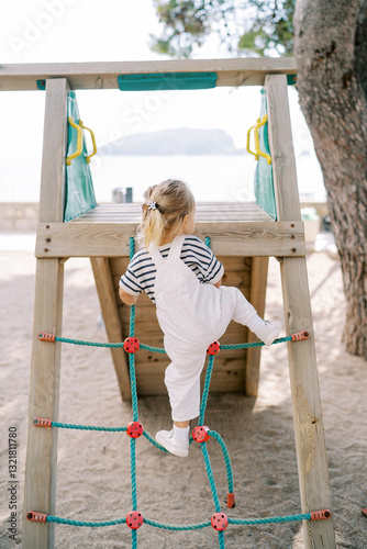 Little girl climbs a rope ladder onto a slide on the playground. Back view