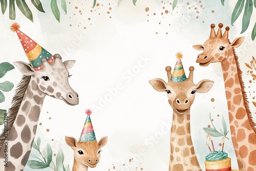 A colorful, fun, and editable digital birthday invitation featuring a safari theme. Generative AI