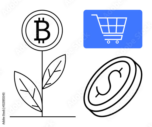 Bitcoin plant symbolizing growth, blue e-commerce shopping cart, and a dollar coin. Ideal for cryptocurrency, investment, fintech, online shopping, digital economy, financial growth modern trade