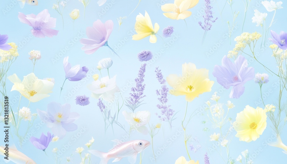 Pastel colored flowers and fish floating on a light blue background Pastel colored flowers and fish floating on a light blue background