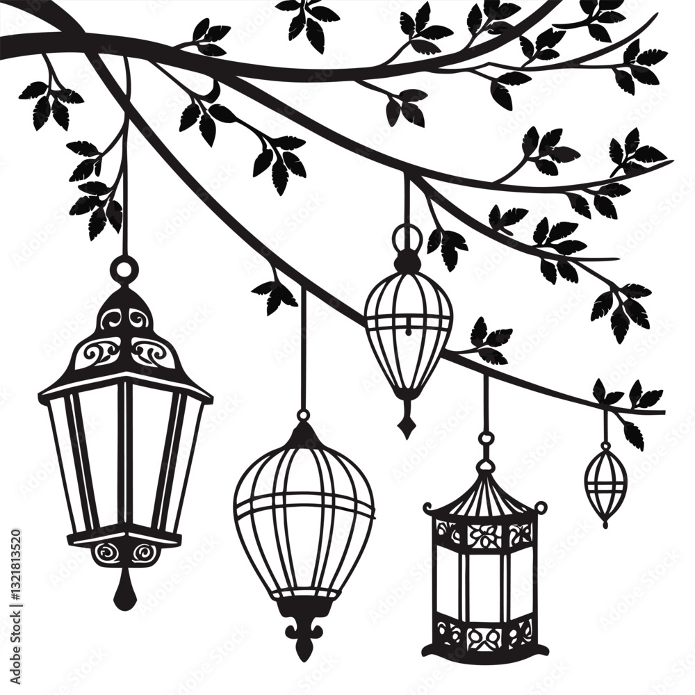 Vintage streetlamp with birds perched on an old tree branch in a city silhouette at dusk