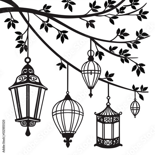Obraz na płótnie Vintage streetlamp with birds perched on an old tree branch in a city silhouette at dusk w salonie