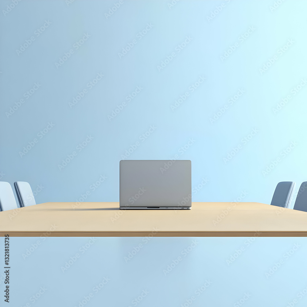 A sleek laptop on a minimalist conference table, perfect for modern workspace concepts and business meetings. A sleek laptop on a minimalist conference table, perfect for modern workspace concepts and business meetings.