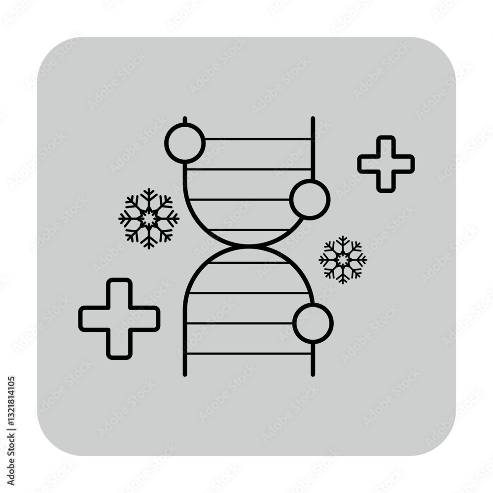 Health-related icon of DNA helix intertwined with snowflakes. Connection between genetics and seasonal wellness concept