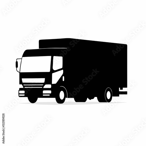 flat, black and white illustration of a large delivery truck