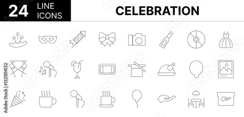 Collection of 24 celebration line icons featuring editable strokes. These outline icons depict various modes of celebration, Celebrate, party, decoration, icon, event, celebration, birthday, balloon, 