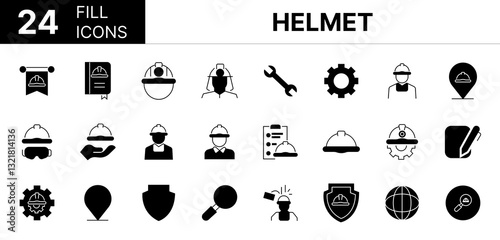 Collection of 24 helmet fill icons featuring editable strokes. These outline icons depict various modes of helmet, hat, head, hard cap, headwear, avatar, person, search, global, law, book, safety, 