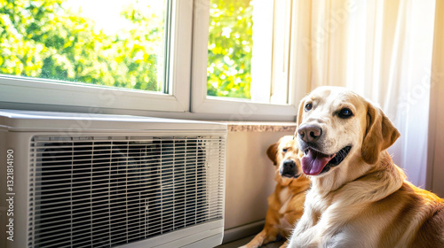 Happy dogs relaxing by air conditioning unit in sunny room