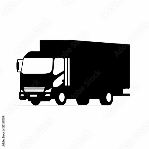 flat, black and white illustration of a large delivery truck
