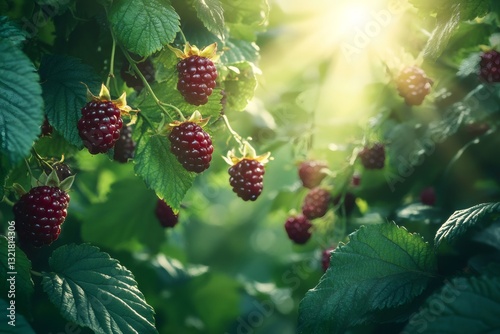Ripe blackberries growing on bush in sunlight