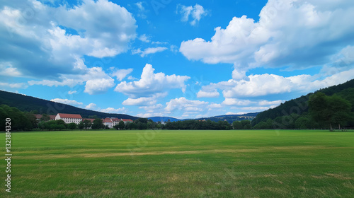Grassland under blue sky with white clouds