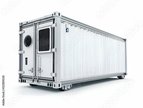 A spacious white shipping container, ideal for storage and transportation, featuring a secure lockable door for safety.