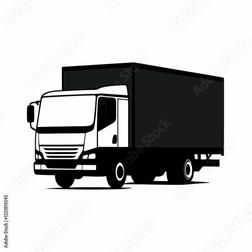 flat, black and white illustration of a large delivery truck