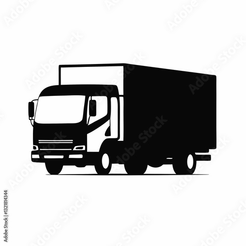 flat, black and white illustration of a large delivery truck