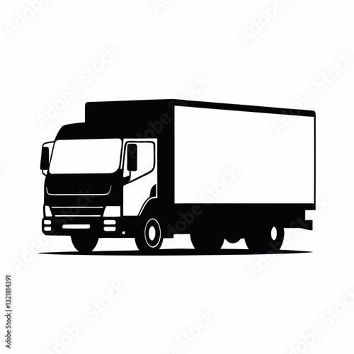 flat, black and white illustration of a large delivery truck