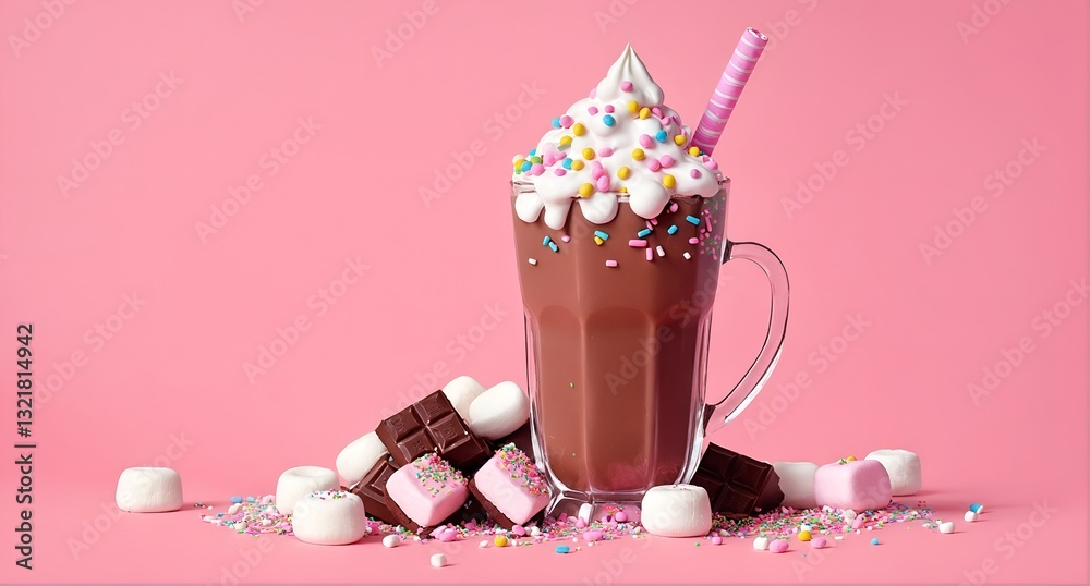 Chocolate shake in jar with whipped cream and marshmallows