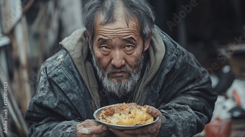Professional image portraying an Asian Chinese homeless poor middle-aged man for media use