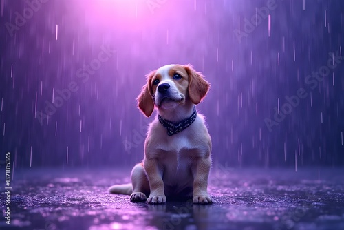 Adorable Puppy in the Rain -  Purple Neon Light Background