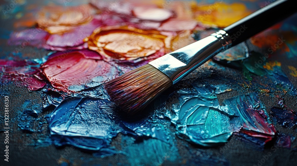 Fototapeta premium Vibrant Oil Paint Palette with Brush: A Close-Up View of Artistic Expression