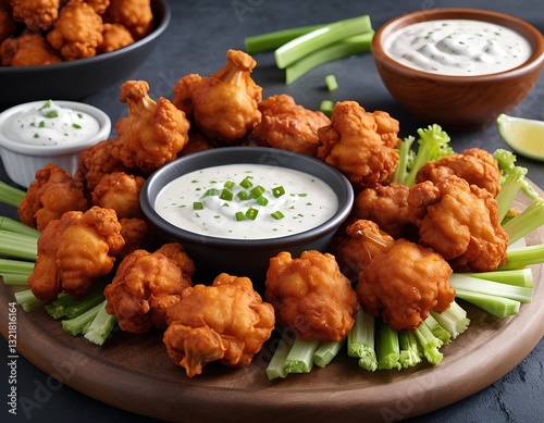crispy buffalo cauliflower wings coated in spicy sauce served with dairy-free ranch dressing and celery sticks

 photo