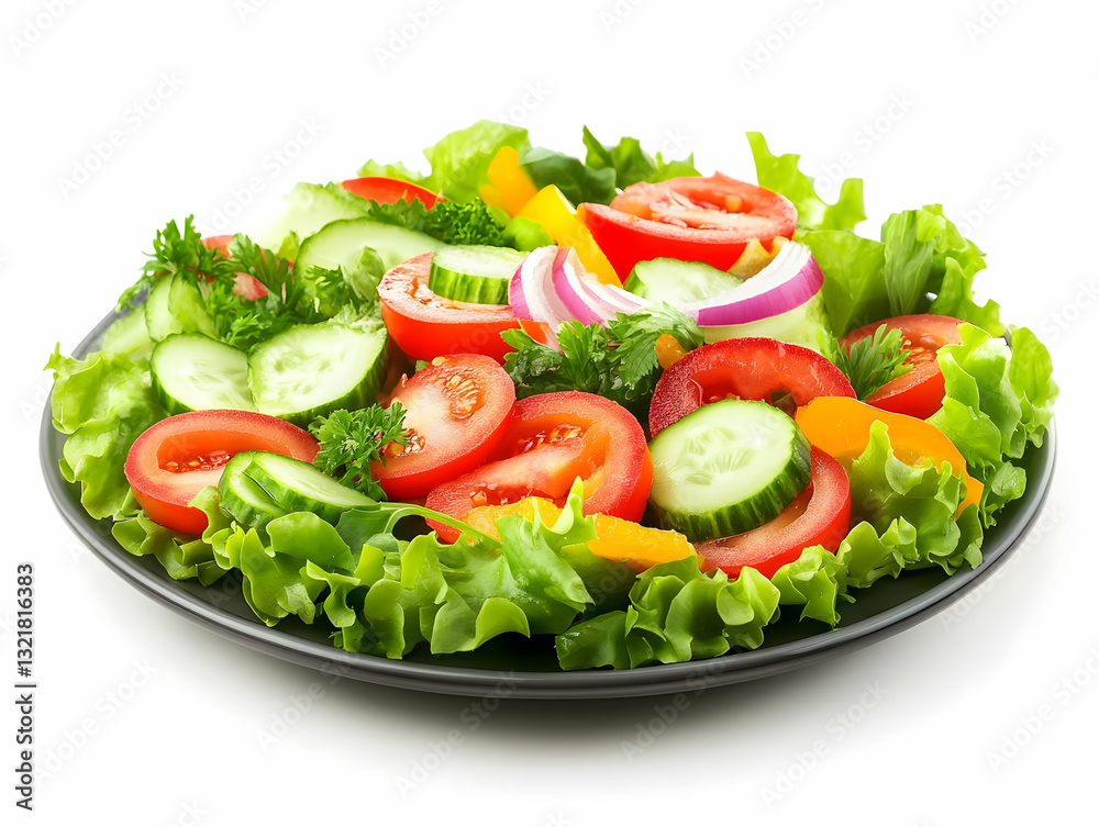 A vibrant, fresh salad featuring crisp lettuce, juicy tomatoes, cucumbers, and colorful peppers, served on a black plate. A vibrant, fresh salad featuring crisp lettuce, juicy tomatoes, cucumbers, and colorful peppers, served on a black plate.