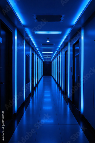 A long corridor with blue neon lights, the walls are blue and there are doors on both sides, the floor is shiny
