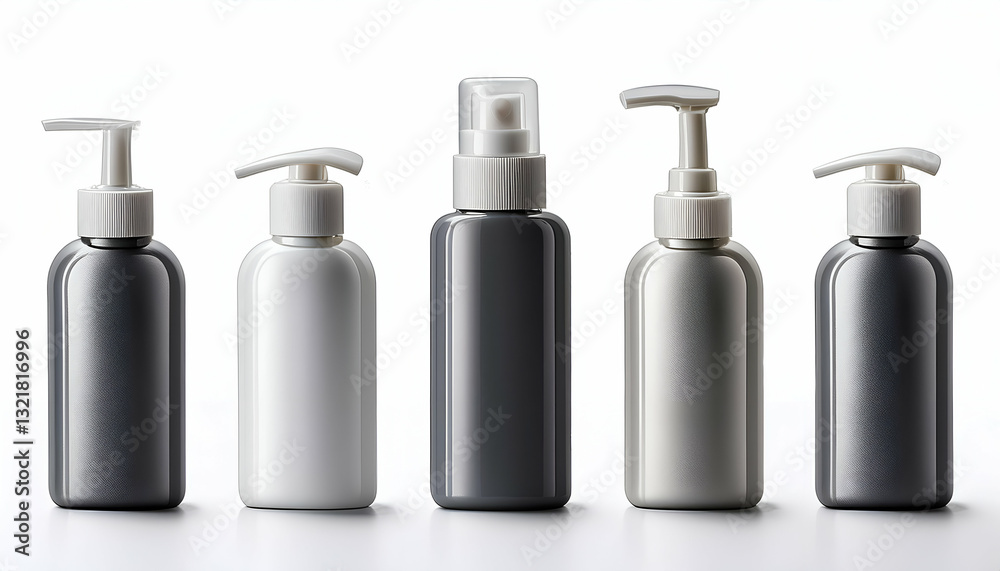 A Sleek Collection Of Minimalist Cosmetic Bottles, Showcasing A Sophisticated And Modern Design With A Neutral Color Palette Of Grey And White Against A Bright White Background A Sleek Collection Of Minimalist Cosmetic Bottles, Showcasing A Sophisticated And Modern Design With A Neutral Color Palette Of Grey And White Against A Bright White Background