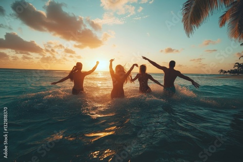 Happy friends splashing inside water on tropical beach at sunset  - Group of young people having fun on summer vacation - People, holidays and summertime