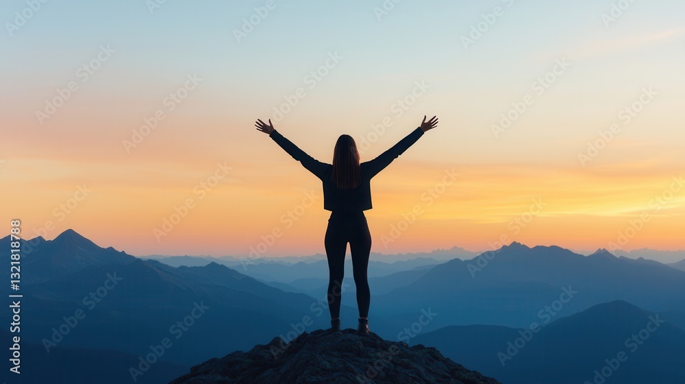 Woman Standing on Mountain Top with Arms Raised Against Sunset Sky Woman Standing on Mountain Top with Arms Raised Against Sunset Sky