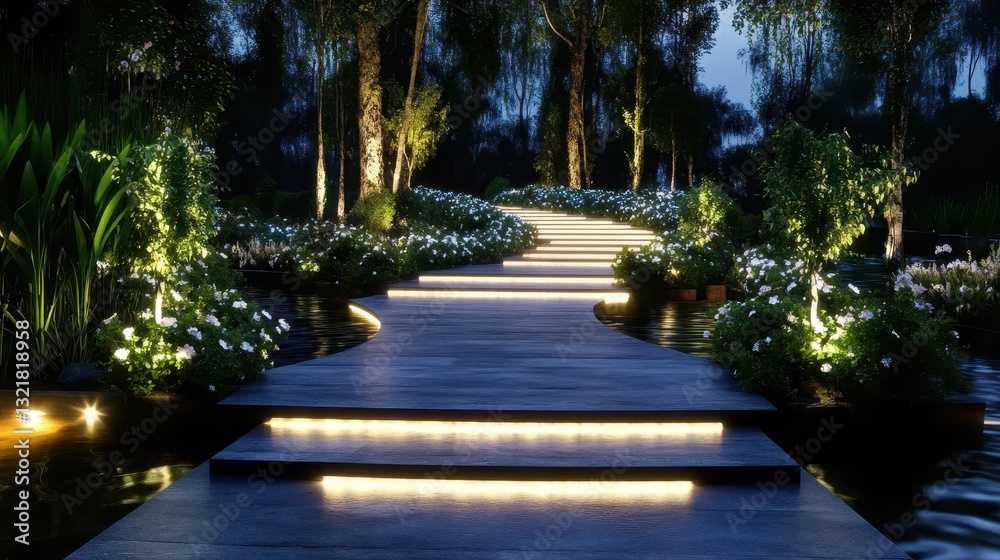 Garden stone path stonework concept. A serene illuminated pathway through lush greenery, leading into a tranquil garden at night. Garden stone path stonework concept. A serene illuminated pathway through lush greenery, leading into a tranquil garden at night.