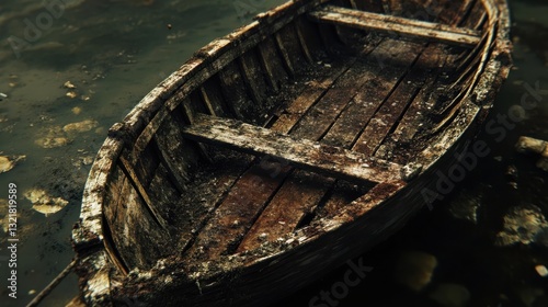 A weathered and decaying wooden boat floating in murky water