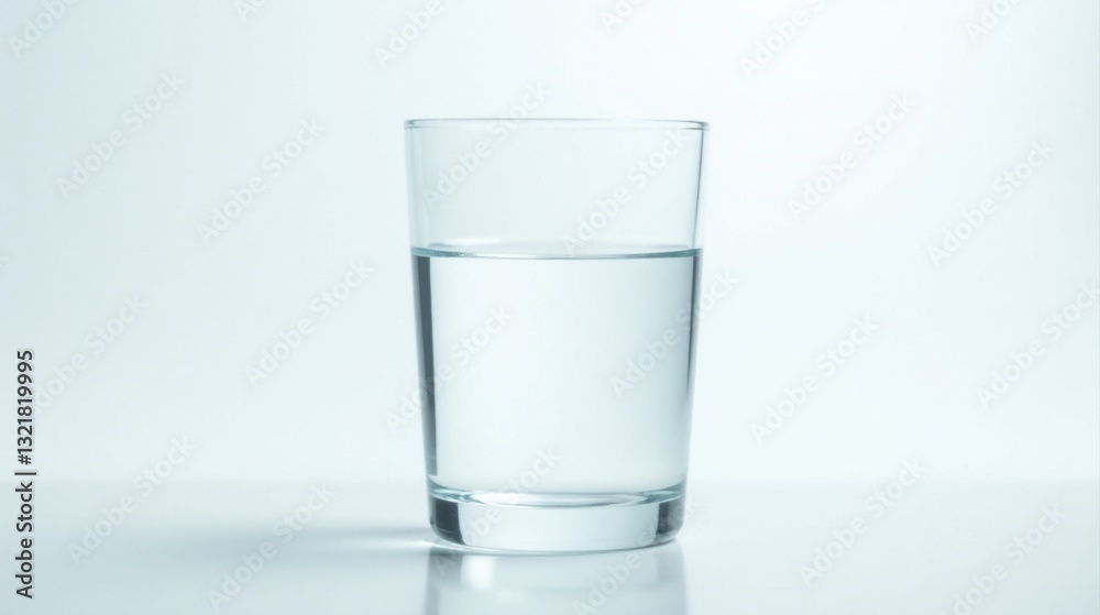 A simple glass partially filled with clear liquid against a bright backdrop A simple glass partially filled with clear liquid against a bright backdrop