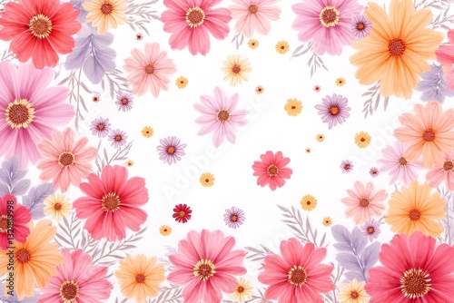 Beautiful Floral Pattern with Pink, Orange, and Purple Flowers on White Background