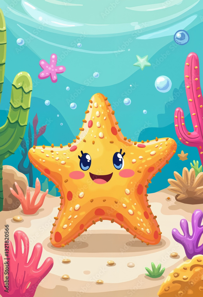 Pretty cartoon starfish on the sea bottom - colored digital illustration