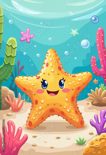 Obraz na płótnie Pretty cartoon starfish on the sea bottom - colored digital illustration w salonie