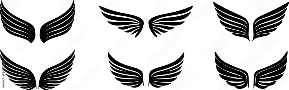 Fototapeta premium wings icon set, eagle wing, angel wings design element silhouette vector art illustration isolated on transparent background