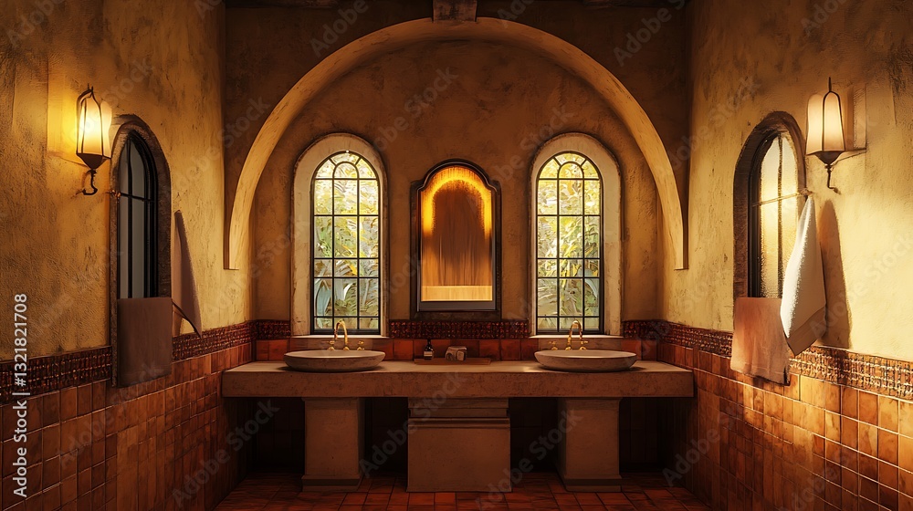 Fototapeta premium Warmly Lit Bathroom Interior with Arched Windows and Rustic Finishes